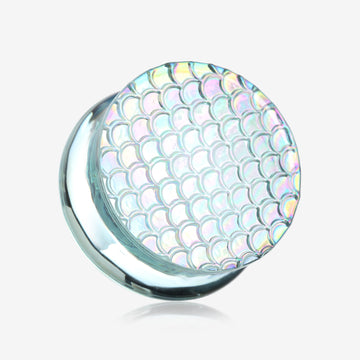 A Pair of Iridescent Aurora Mermaid Scale Glass Double Flared Plug